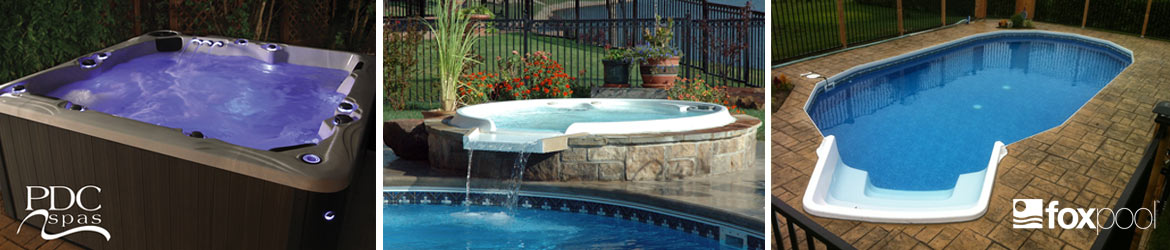 PDC Spas hot tub, WaterFall spa, and in-ground Fox Pool